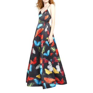 Alice + Olivia Butterfly Print Ball Gown Dress Bubble Hem Open Back Size 10